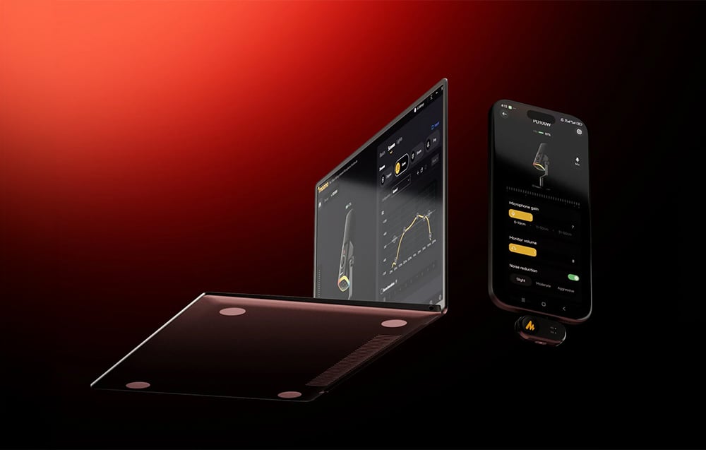 An open laptop and a smartphone showing the Maono microphone configuration software