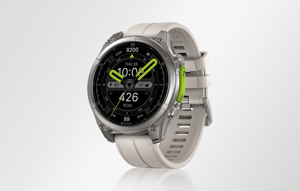 Smartwatch with bright strap and green dial indicators, front view on gray background