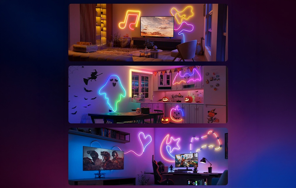 Three tiles featuring different interior designs. They show neon lighting in a living room, kitchen, and game room.