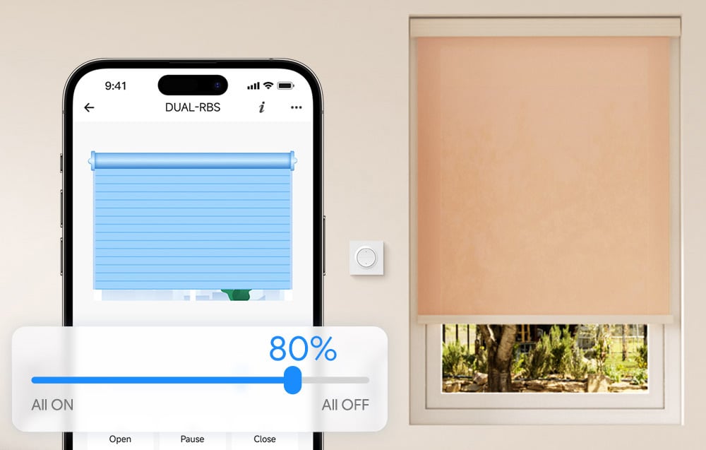 Smartphone with blind control app and window with blind lowered and wall switch