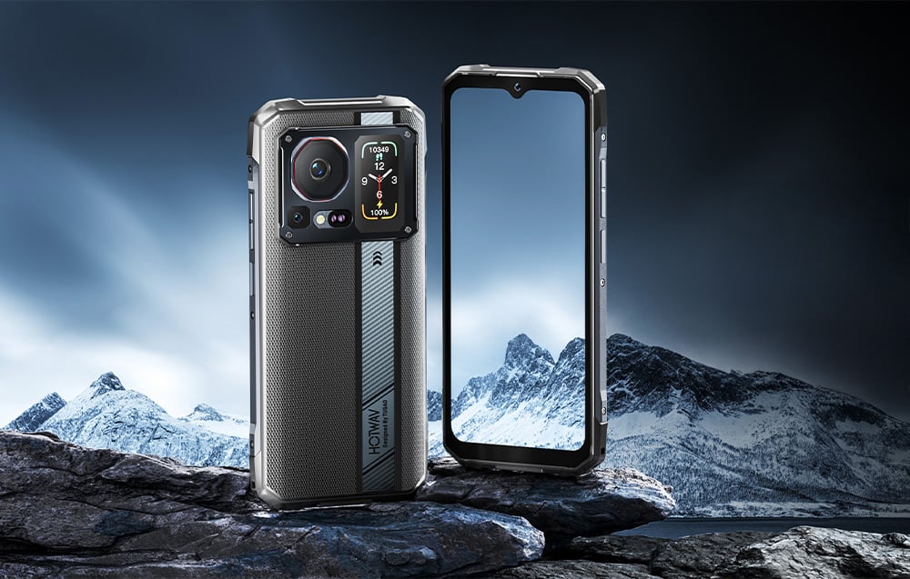 HOTWAV smartphone shown from the front and back against a backdrop of snow-capped mountain peaks.