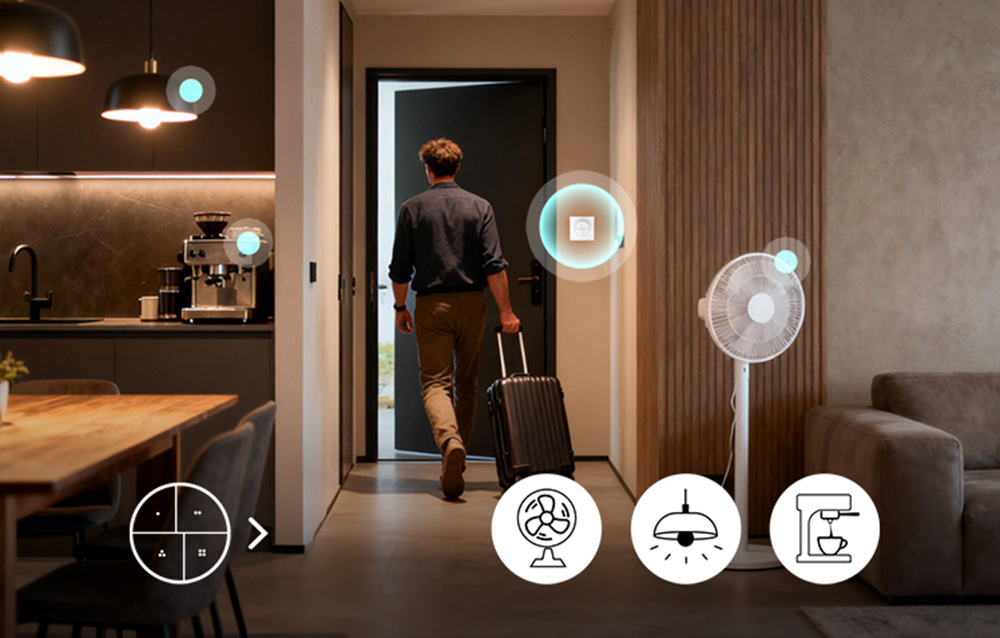 A man leaves the apartment with a suitcase, a light is on in the kitchen, a smart button on the wall