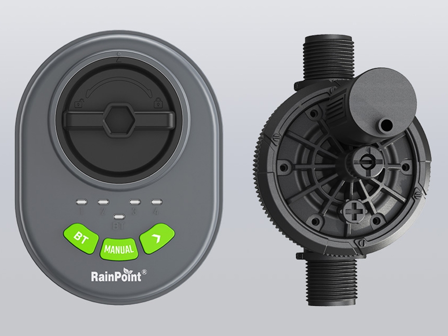 Top and front views of the RainPoint controller and a single solenoid valve.