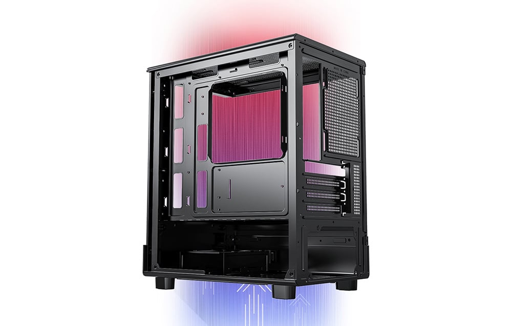 black computer case on a white background with pink and blue lights