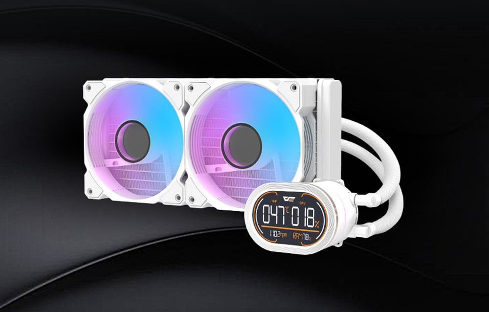 White AiO water cooling system with two backlit ARGB fans and an oval water block with a screen