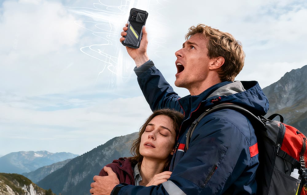 A man and a woman in the mountains; the man raises the HOTWAV Hyper 8 Pro smartphone towards the sky.