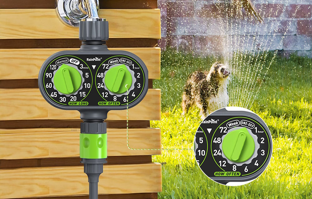 Controller in action while a dog plays with the sprinkler; close-up shows watering frequency settings