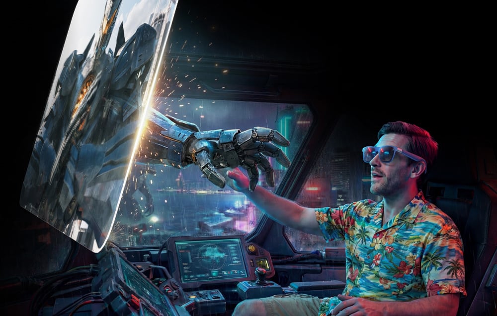 A man watches a movie through AR glasses; a character reaches out from the screen toward the viewer