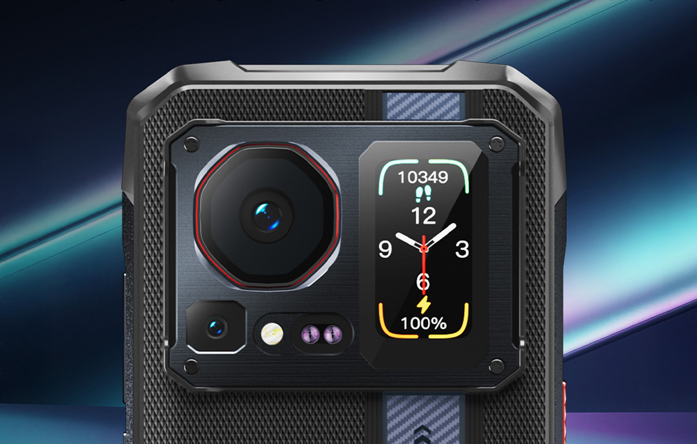 Close-up of the rear panel of the smartphone with a large camera lens and an active color auxiliary display.