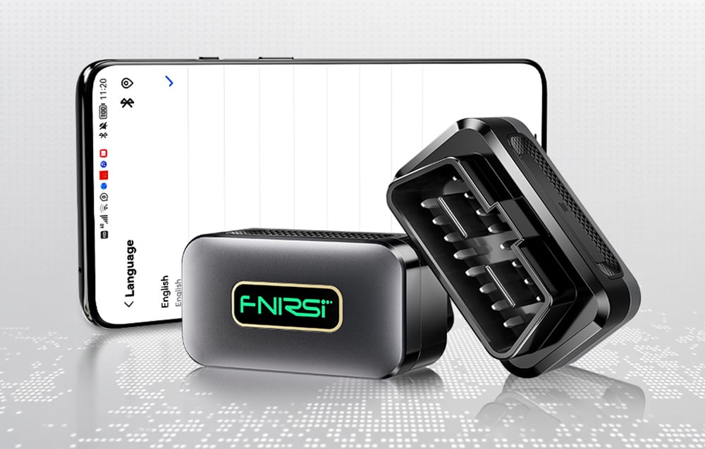 Two FNIRSI diagnostic modules showing the front of the housing and the 16-pin OBD2 connector against the backdrop of a smartphone