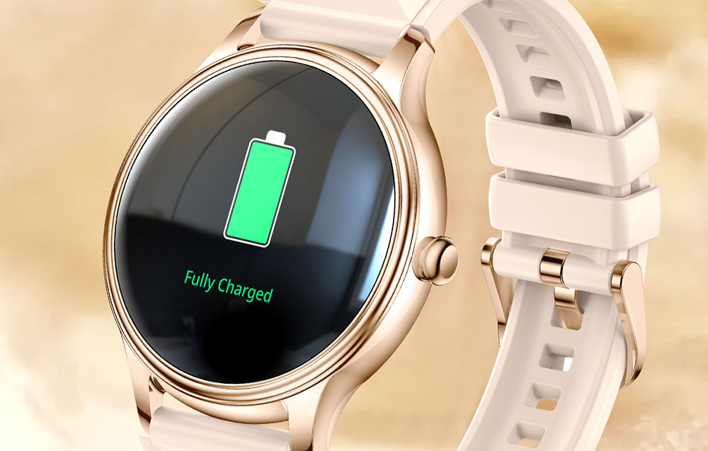 Smartwatch screen with a full battery icon and message.