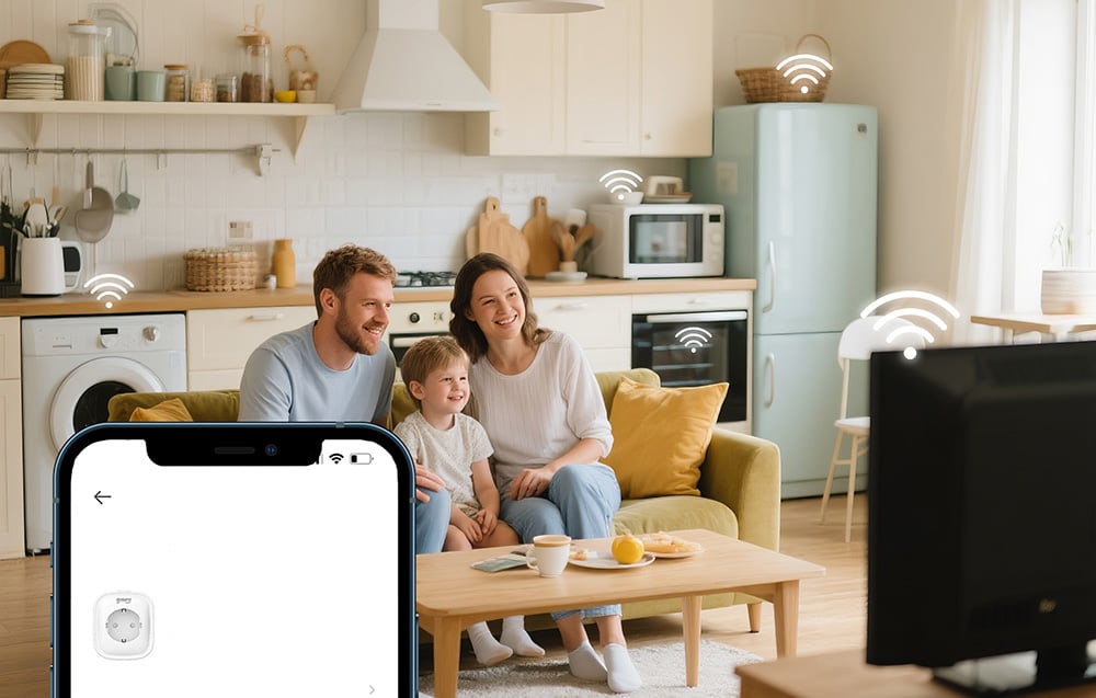 A family sitting on the sofa in the kitchen, watching TV, with Wi-Fi icons next to the devices and the socket control app visible on a smartphone