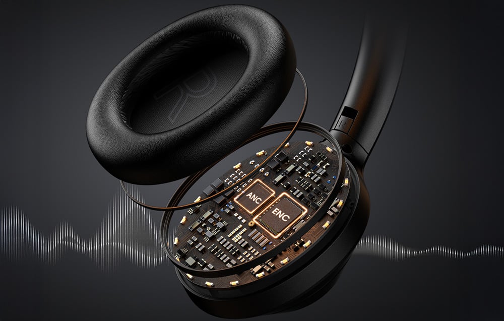 A view of the inside of the headphones with drivers and chips