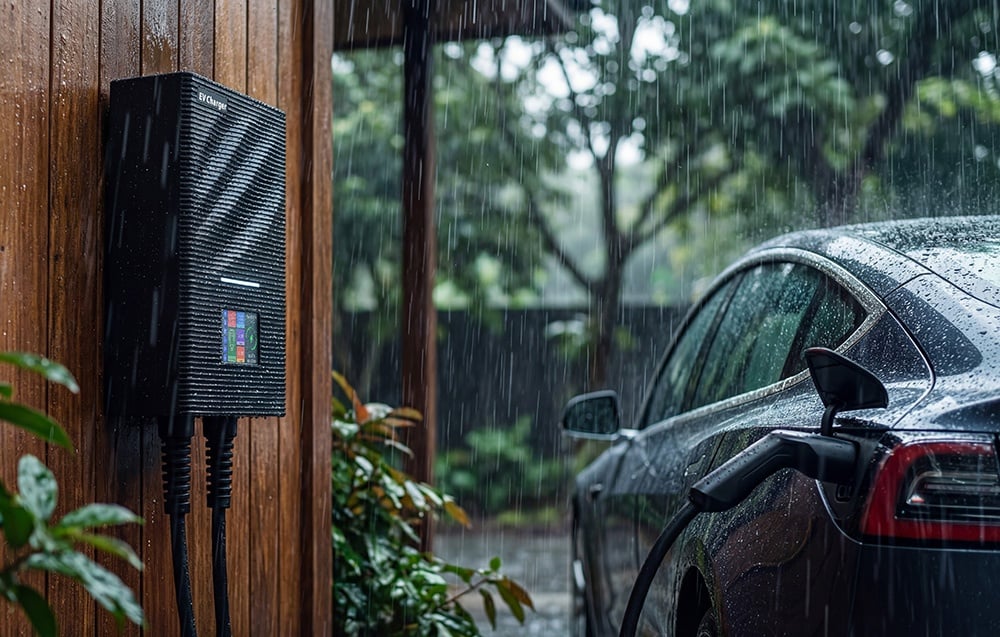 Electric car charging in front of the house with an EV charger during rain