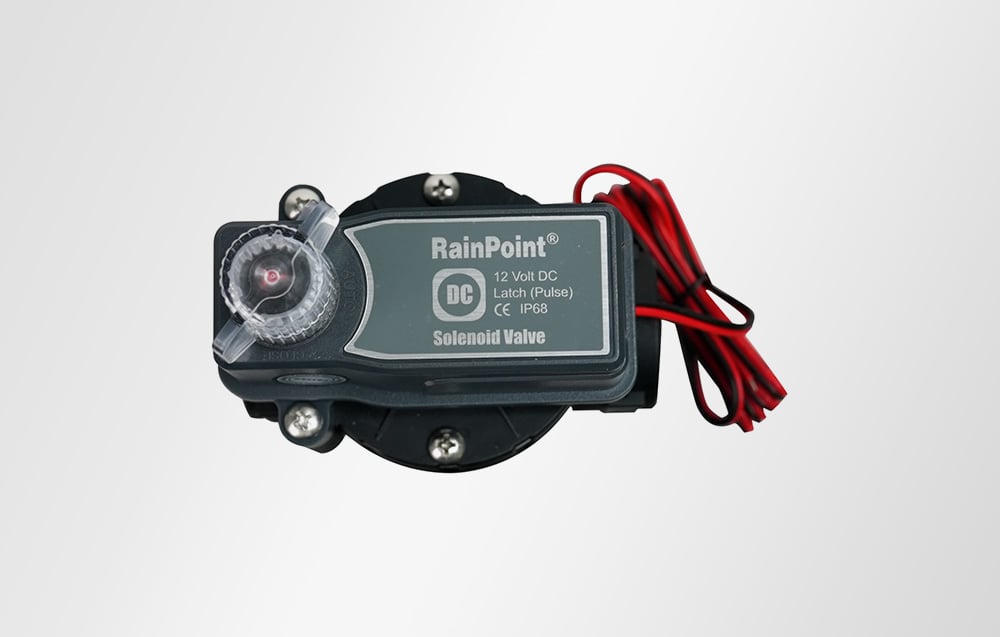 Top view of a RainPoint® solenoid valve labeled 12 Volt DC Latch (Pulse) CE IP68 Solenoid Valve