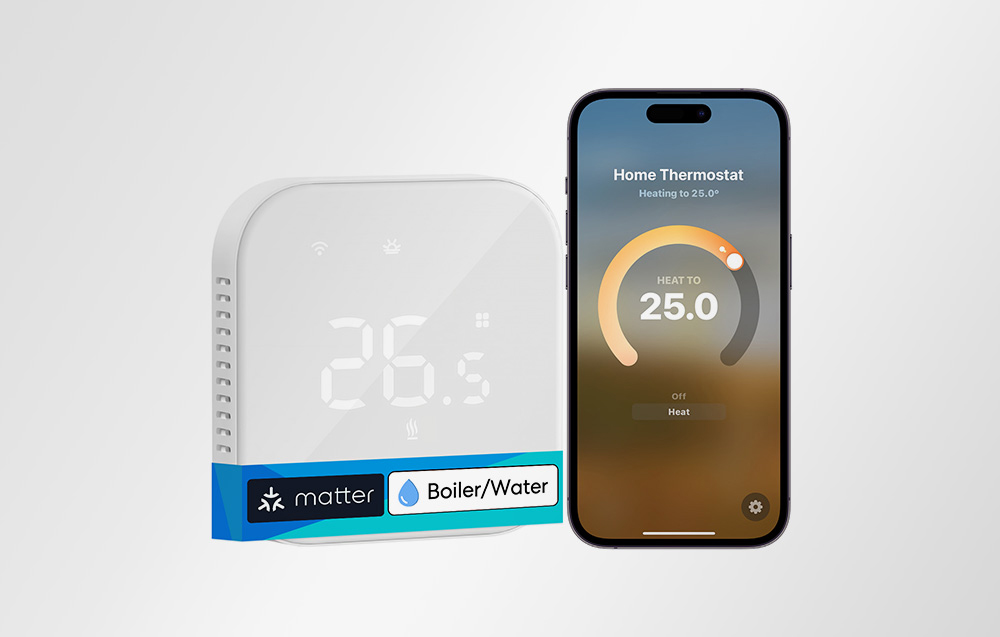 A white Meross smart thermostat and a smartphone with the temperature control app