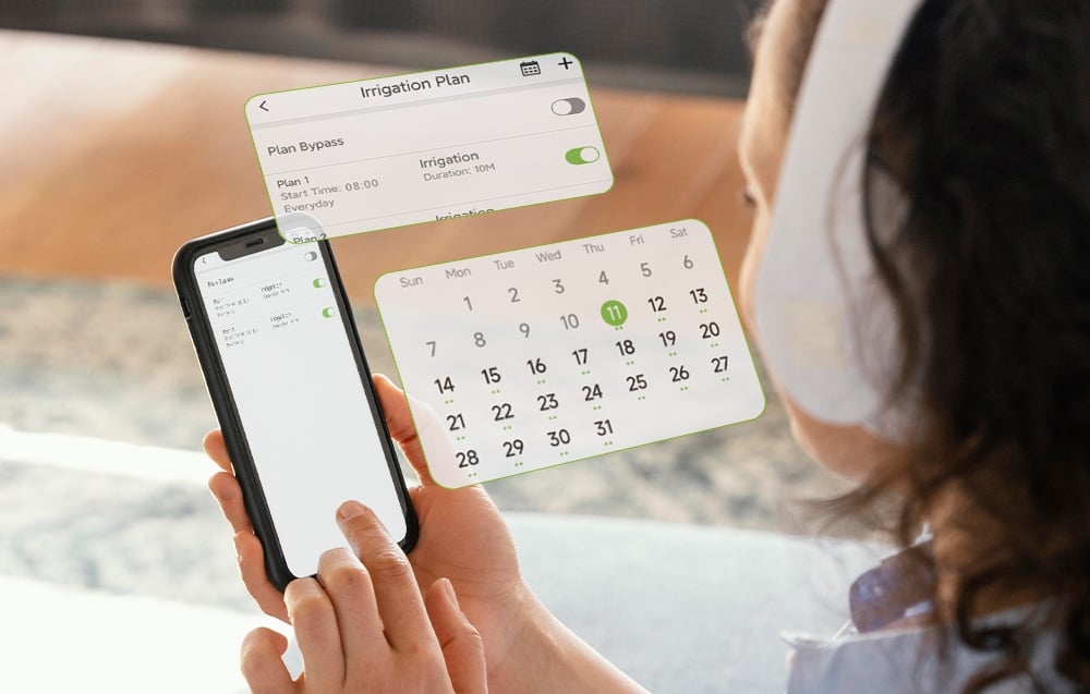 A woman selecting watering schedules from the RainPoint Tuya app on her smartphone.