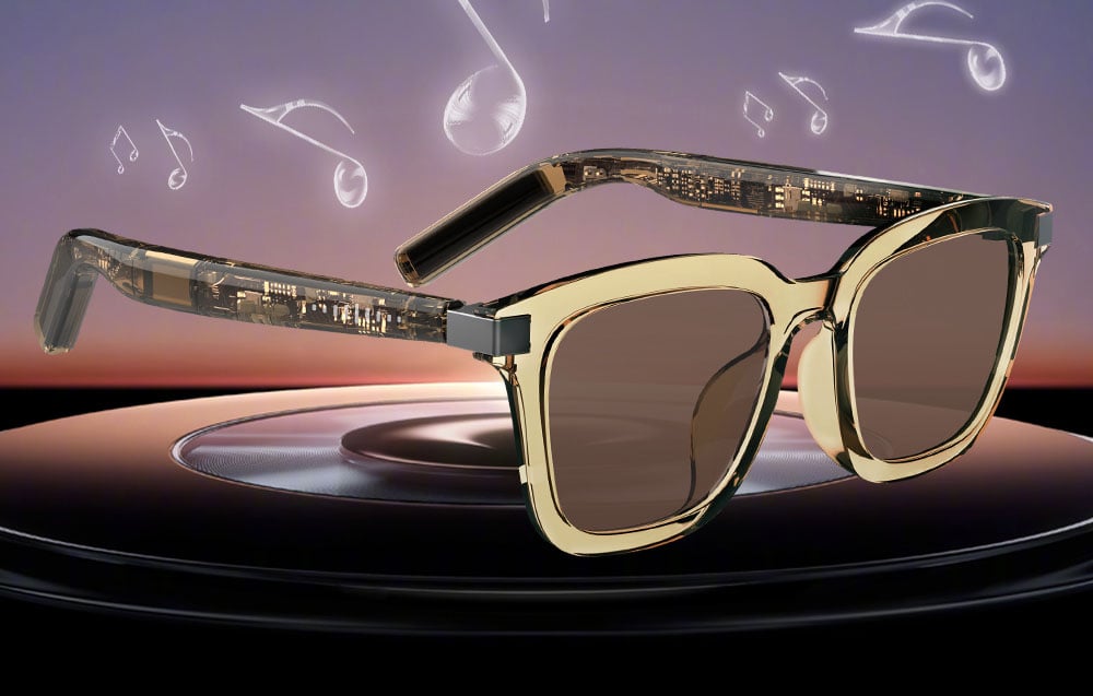 Graphic of glasses on a platform, with luminous musical notes floating in the background, suggesting the sound playback function.