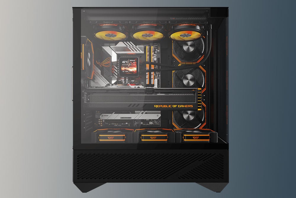 Gaming computer interior with three yellow AIO fans and Republic of Gamers graphics card
