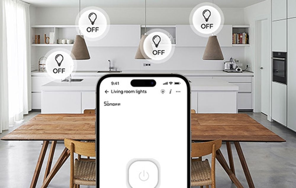 Smartphone with app for lighting control in the kitchen with icons of lights off