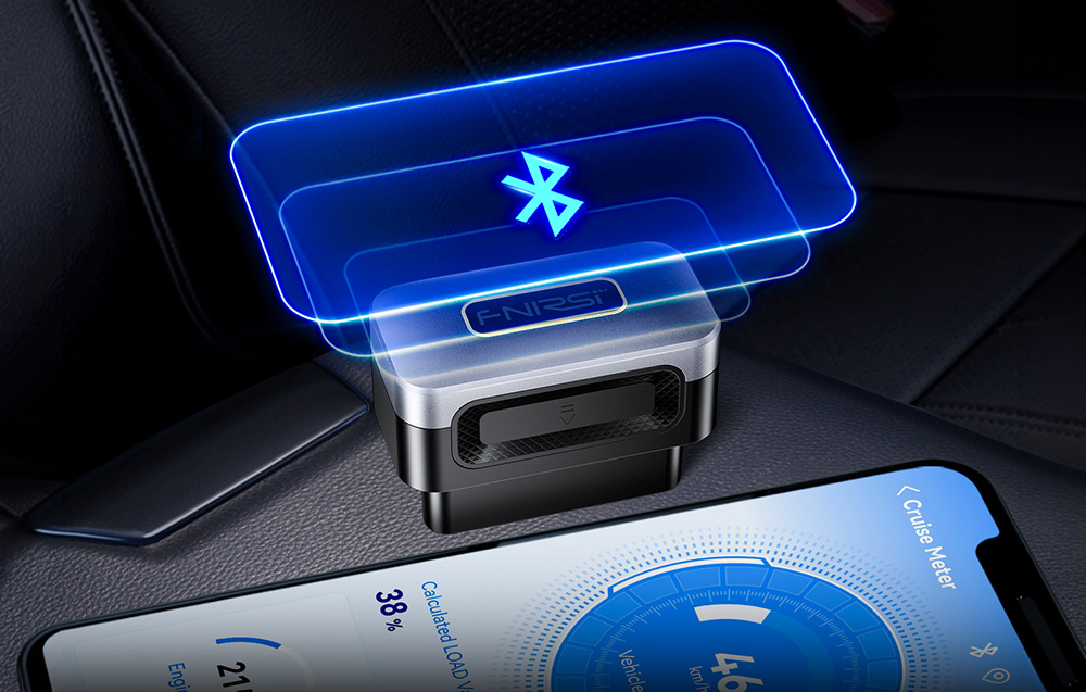 FNIRSI OBD2 adapter plugged into the car’s port, transmitting data via Bluetooth to a smartphone running the app