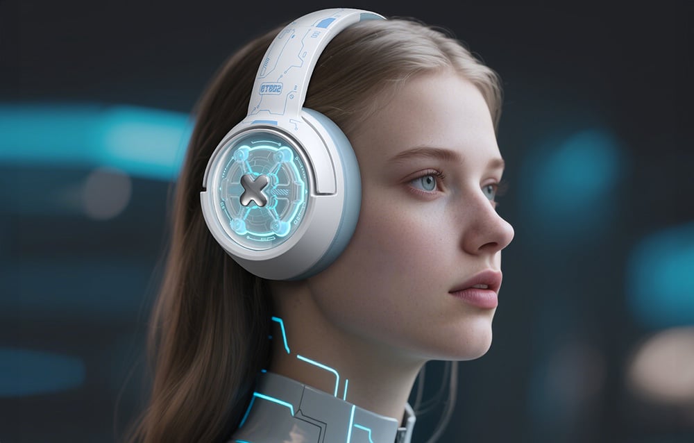 Onikuma headphones worn by a woman with blonde hair with cybernetic motifs on her neck