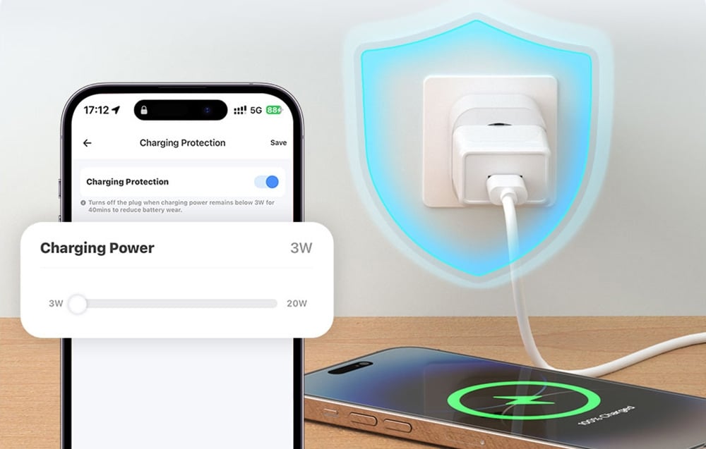 Smartphone plugged in to charge; on the left, a second smartphone displaying a notification