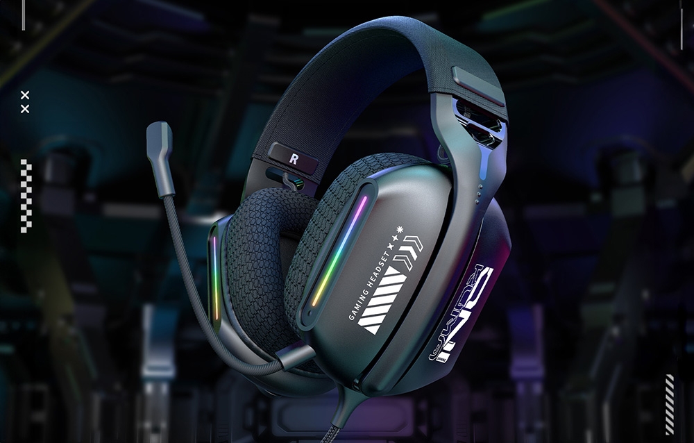 Black gaming headphones with RGB color backlighting and microphone on dark background
