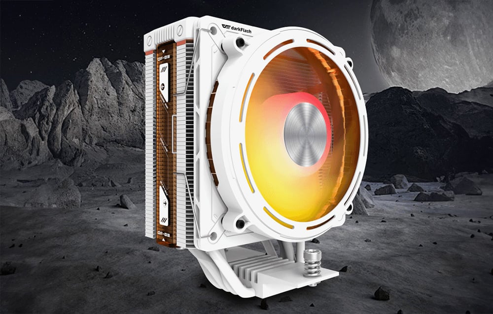 White Darkflash active cooling on a background of rocks and the moon