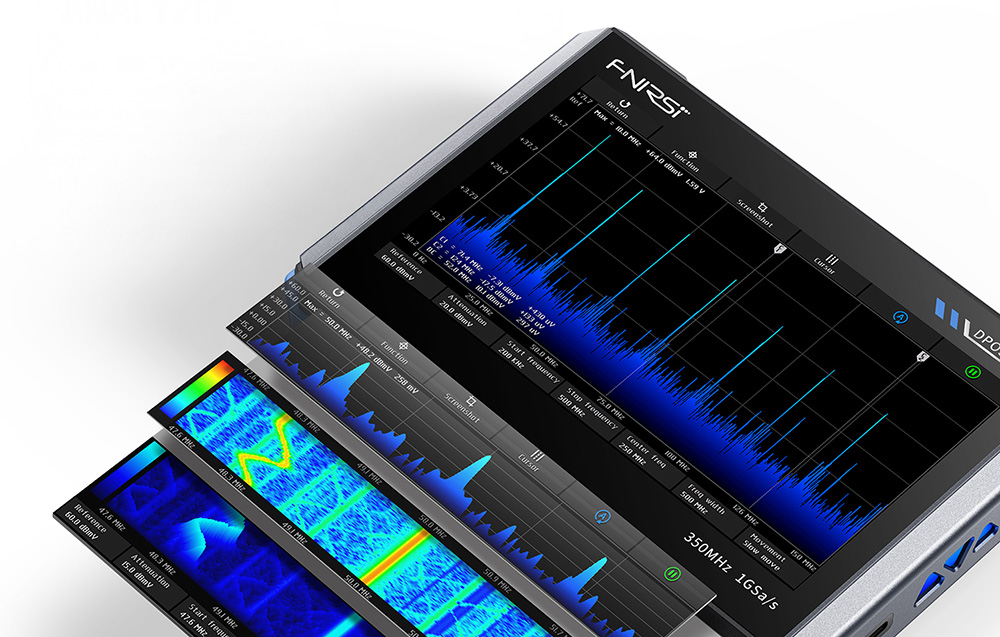 Close-up of the oscilloscope screen with a view of the frequency spectrum.