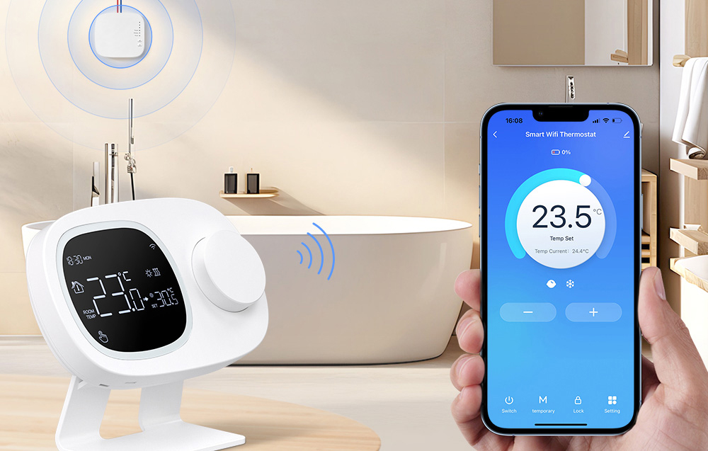 Smart thermostat and smartphone held in hand on the bathroom background