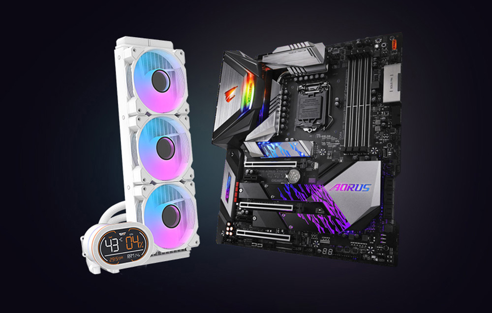 AIO water cooling system with three RGB fans next to an AORUS motherboard with CPU cooling installed