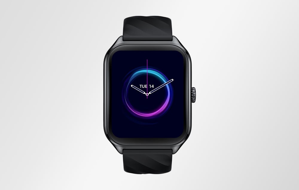 Black smartwatch on a white background displaying a purple-blue watch with hands