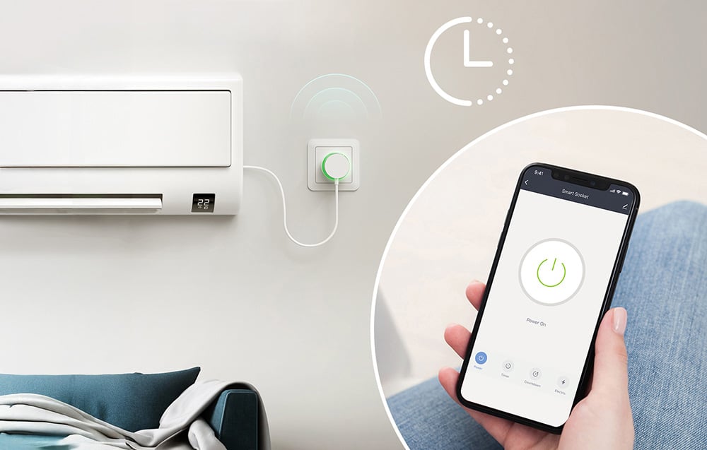 phone with an app and a smart socket connected to an air conditioner