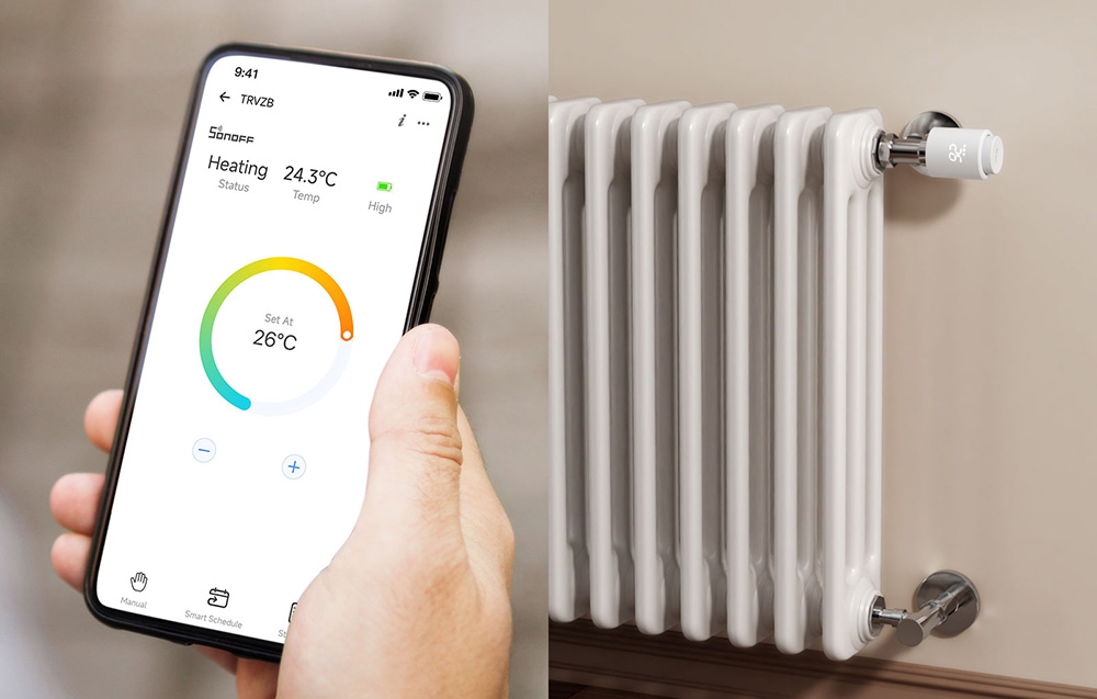 A smartphone held in her hand with heating settings enabled; in the background, a radiator with a thermostat