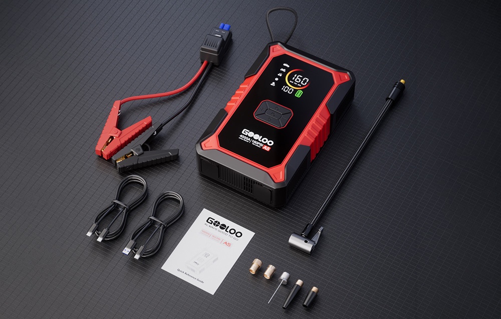 A Gooloo kit with clamps, USB cables, instructions, and connectors on a black, checkered background