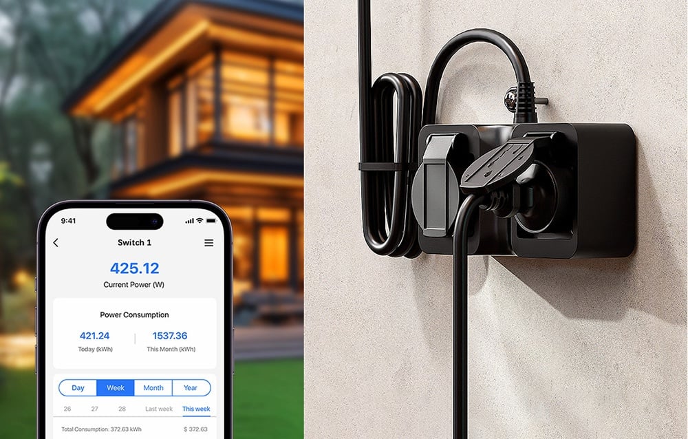 Black outdoor outlet with connected wires, next to a smartphone showing current power consumption