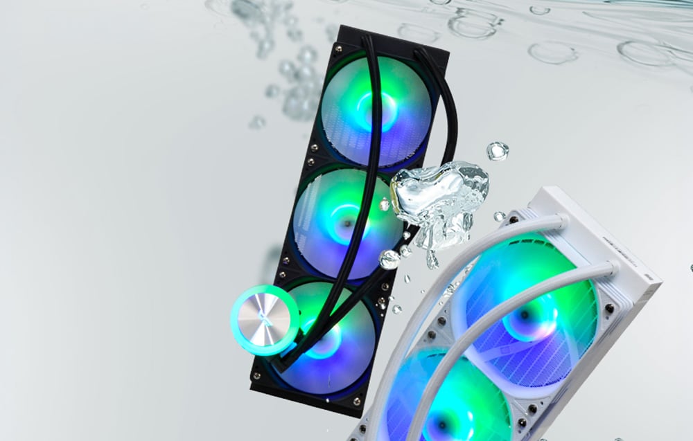 Black and white AIO water cooling systems with RGB lighting against a water-themed background with air bubbles