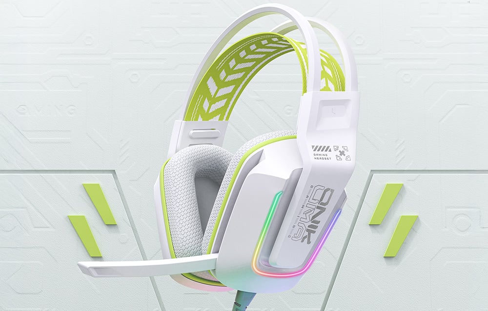 White headphones with green accent on futuristic background