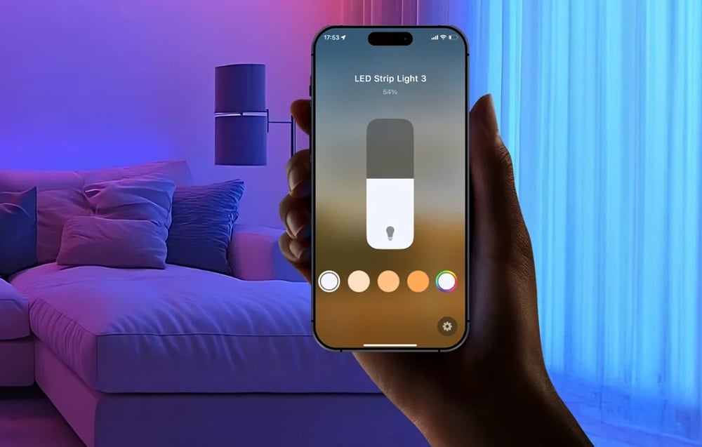 Controlling LED lighting in the living room with a purple and blue curtain using a smartphone app
