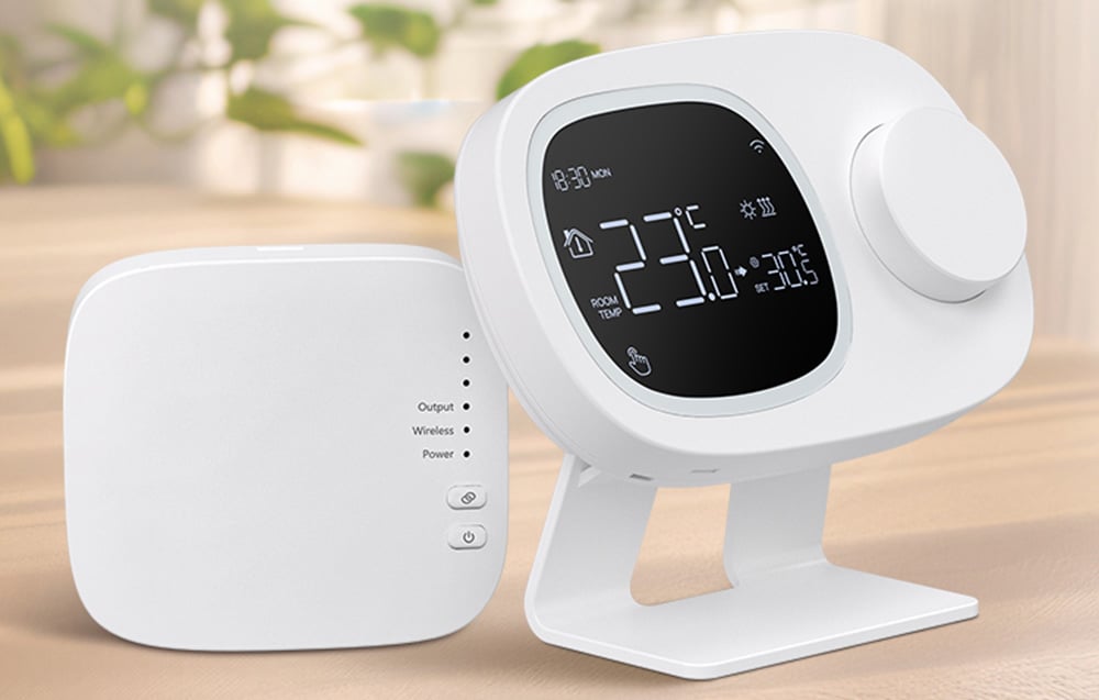 Smart thermostat with display on bright background