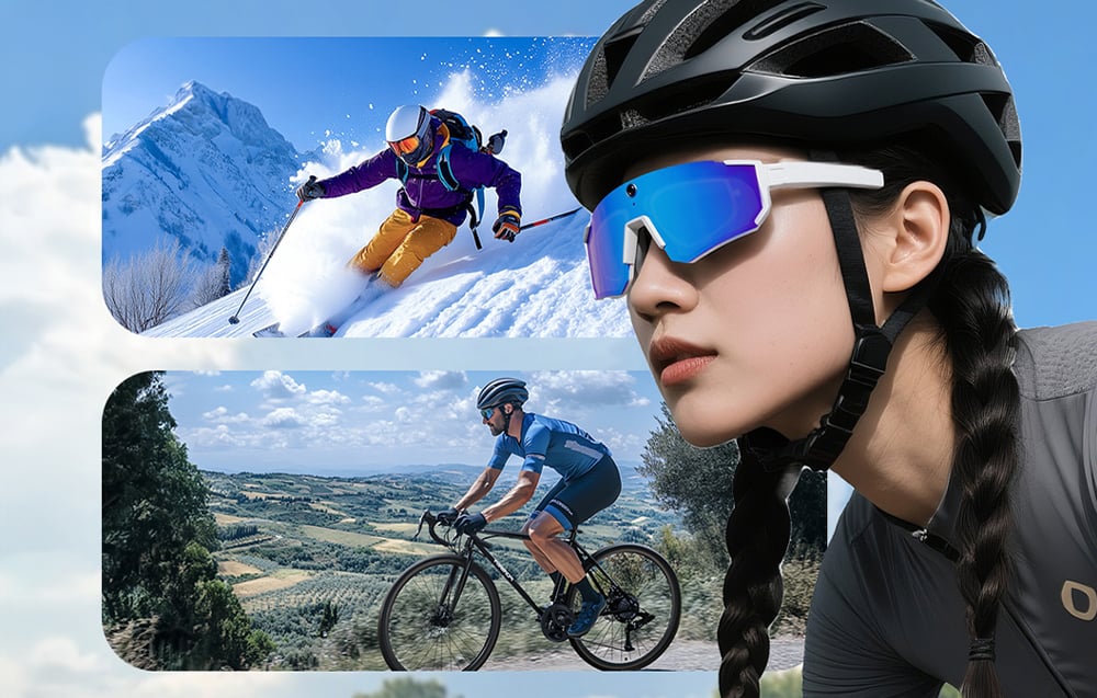A woman wearing a bike helmet and smart glasses against a backdrop of photos of a skier and a cyclist