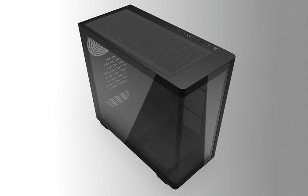 Black computer case with glass panels on grey background
