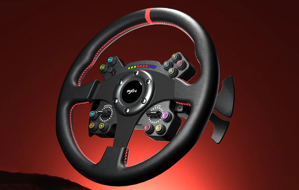 Black PXN steering wheel with colored buttons on a red background.