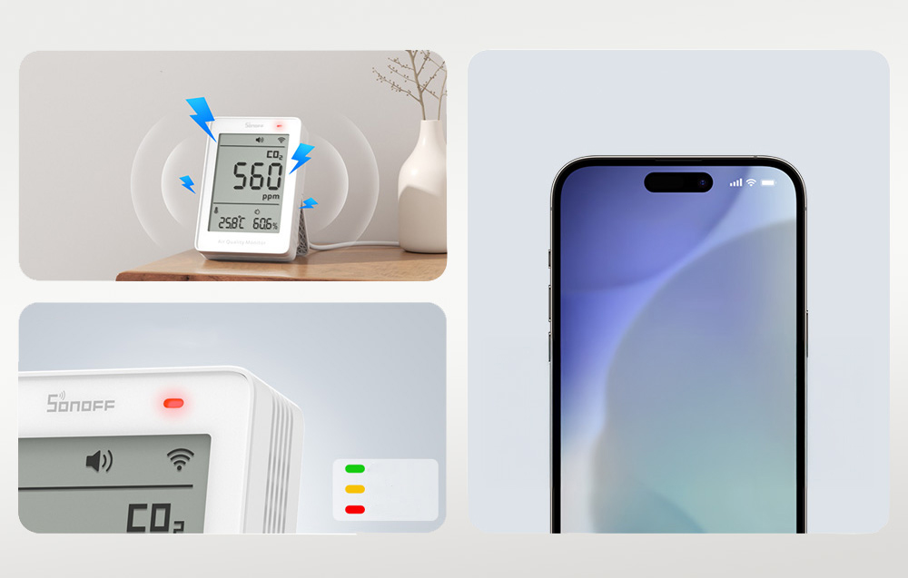 3 ways to receive notifications from the air quality meter: sound alarm, light alarm, and phone alerts