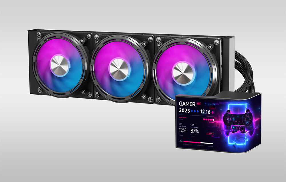 AIO water cooling with triple RGB fans and a pump-reserver tank with a curved screen displaying parameters
