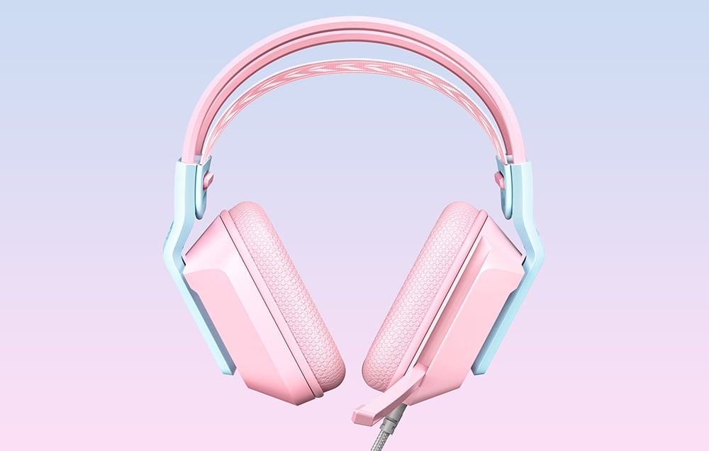 Pink Onikuma gaming headphones on a light purple background