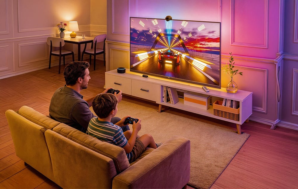 A father and son are sitting on the couch in the living room playing a video game. The room is lit up in colorful lights