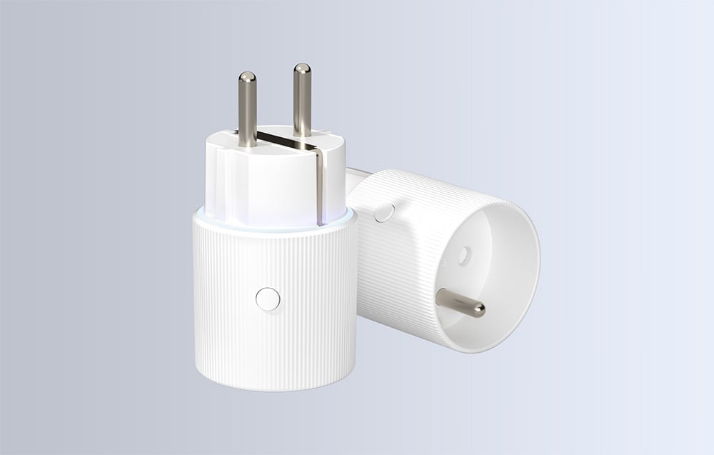 Two smart plugs shown from different angles on a light background.