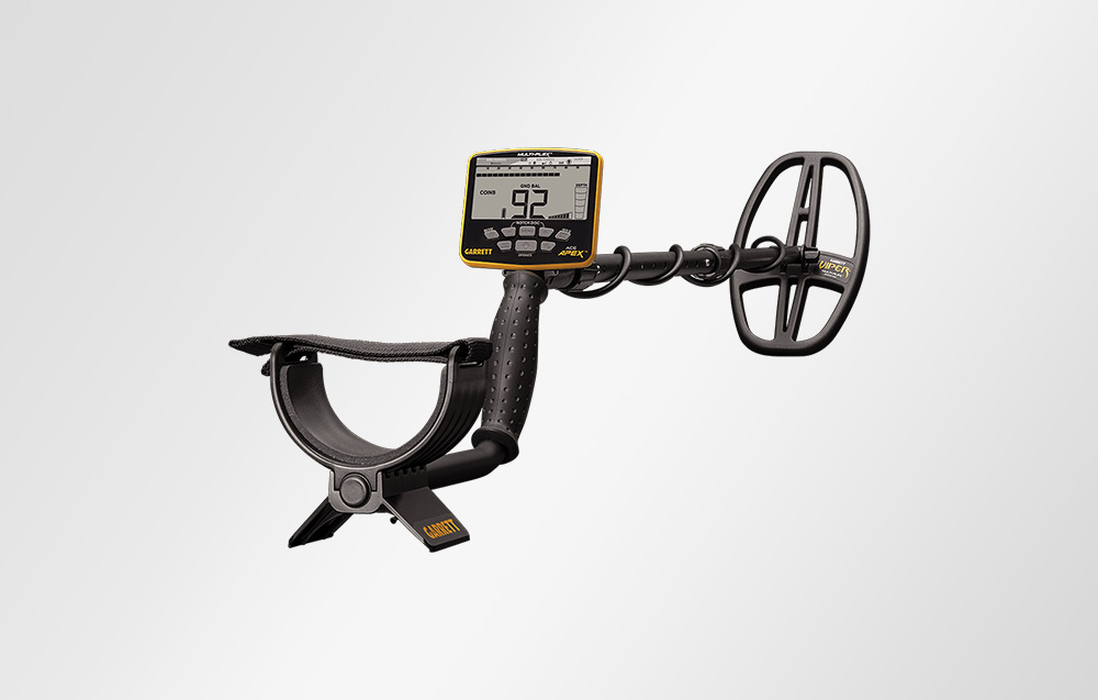 Garrett ACE Apex metal detector on white background in standing position.